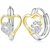 Sterling Silver Two - Tone Heart Paw Print Hoop Earrings for Women Sparkling Cubic Zirconia Lightweight CZ Pet Puppy Dog Cat Cute Animal Earring Fashion Gift for Her Pet Lover Daughter Granddaughter