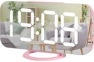 Miowachi Digital Alarm Clock,Large Mirrored LED Clock,Snooze,2 USB Charger Ports Desk Alarm Clocks for Bedroom Decor (Pink)