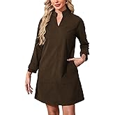 Women's Corduroy Dress 3/4 Sleeve V Neck Stand Collar Casual Vintage Fall Mini Shift Dress with Pocket