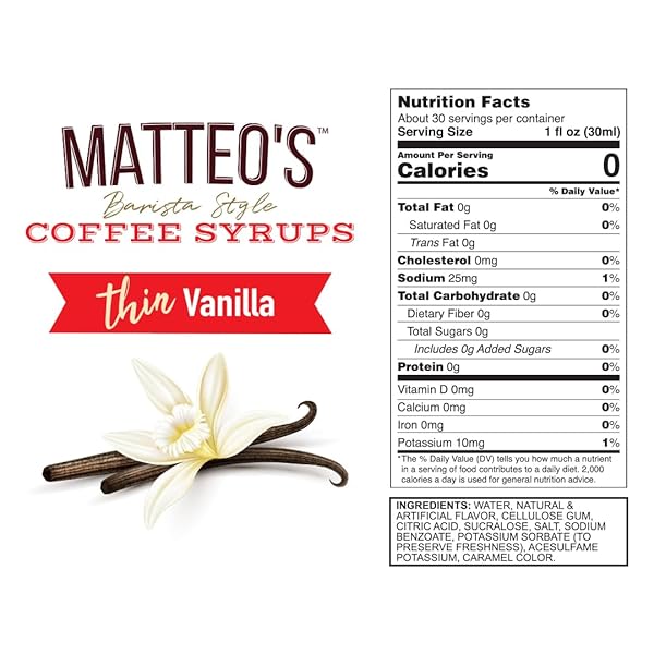 MATTEO’S VANILLA SYRUP FOR COFFEE, LATTES, CAPPUCCINOS & DESSERTS – SUGAR-FREE SWEETENER FOR BEVERAGES, KETO FRIENDLY, ZERO CALORIES, INDULGENT FLAVOR, NON-ALCOHOLIC, IDEAL FOR HOT DRINKS 33.8OZ (1PK)