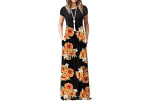 WEINEXRA Women's Short Sleeve Maxi Dresses Floral Printed Loose Plain Long Dress Empire Waist Beach Sun Dresses with Pockets