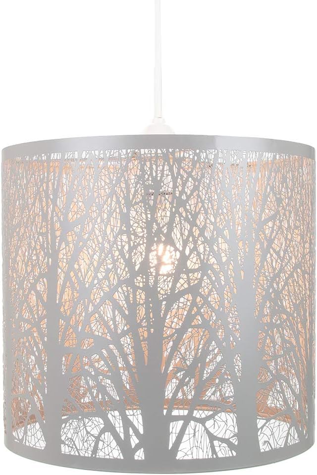 Unique and Beautiful Soft Grey Metal Forest Design Ceiling Pendant Shade When Lit The Light Escapes Through The Gaps and Casts The Forest Against The Walls and Ceiling by Happy Homewares - Image 3