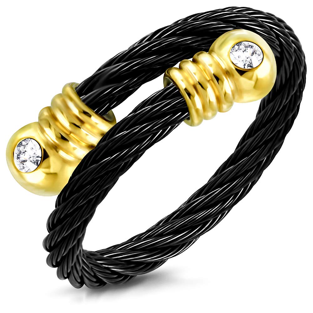 555Jewelry Cute Stainless Steel Twisted Cable Adjustable Ring for Women & Ladies, Modern Sparky Cubic Zirconia Open Ring for Women, Stackable Womens Ring, Black & Gold