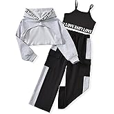 FUNNIDEA Girls 3 Piece Outfits Color Block Sweatsuit Workout Hoodie Litter Graphic Crop Tank and Pants Set