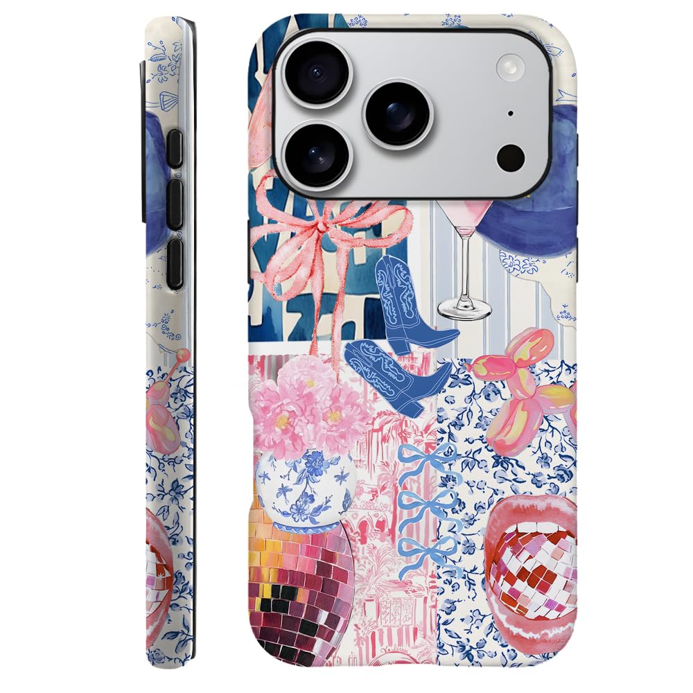 Case Compatible with iPhone 17 Pro,Scratch Resistant Hybrid 2-Layer Hard Shell Phone Case,Bow Ribbon Boot Fruit Disco Collage