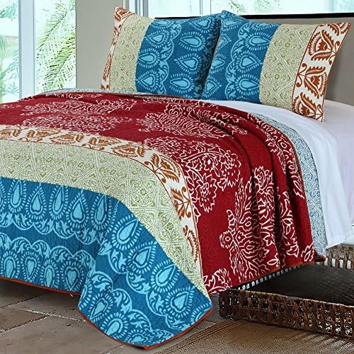 Bohemian Quilt Set Single Bed Twin Size 100 Cotton Paisley Floral Mandala Medallion Geometric Pattern Blue Aqua Teal Red Burgundy Print Reversible Bedding - Includes Bed Sheet Straps
