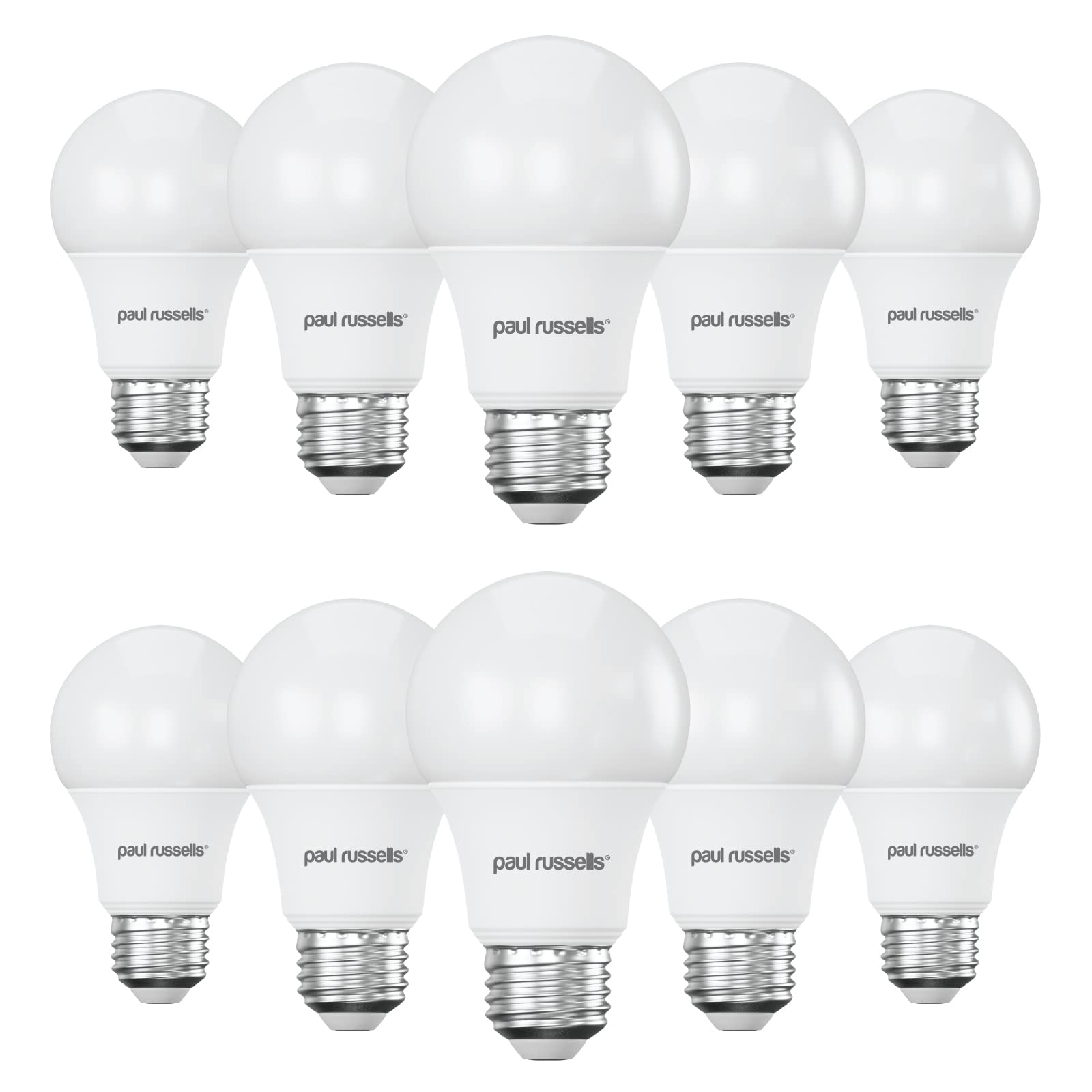 Paul Russells LED GLS Light Edison Screw ES, 60w Equivalent, 8watt 806LM LED Bulbs, 2700K Warm White Lamp, Classic Frosted A60 Standard E27 Energy Saving Non-Dimmable Large Globe Lightbulb, Pack of 10