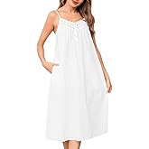 SWOMOG 100% Cotton Nightgowns for Women Lace Nightgown Sleeveless Sleep Dress Victorian Sleepshirt Button Strap Gown