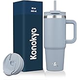 Konokyo 30 oz Tumbler with Handle and 2 Straws,2 in 1 Lid Insulated Water Bottle Stainless Steel Travel Coffee Mug,Lavender