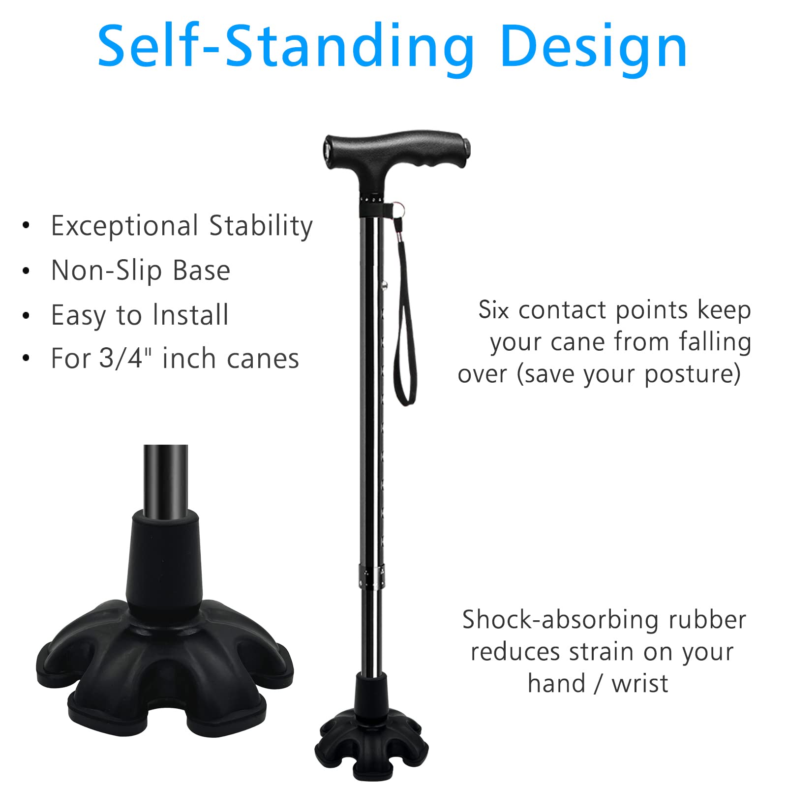 XSL Cane Tips - 3/4 Inch Replacement - Heavy Duty Rubbers Self Standing 6 Support Feets Base Replacement Walking Canes, Walking Sticks, Folding Canes - 6 Prong Rubber Cane Foot Pad (Black)
