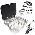 Cafe Bar Kitchen RV Sink with Folding Faucet A and Lid, Stainless Steel Single Bowl Hand Wash Basin Drop In Sink with Cover for Bar Caravan Van RV Camper Motor Home Trailer Accessories