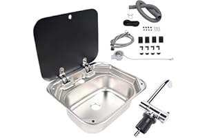 YIYIBYUS Cafe Bar Kitchen RV Sink with Folding Faucet A and Lid, Stainless Steel Single Bowl Hand Wash Basin Drop In Sink with Cover for Bar Caravan Van RV Camper Motor Home Trailer Accessories