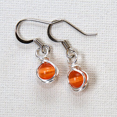 Small Orange Drop Earrings - Handmade Casual Wear Wire Wrapped Jewelry