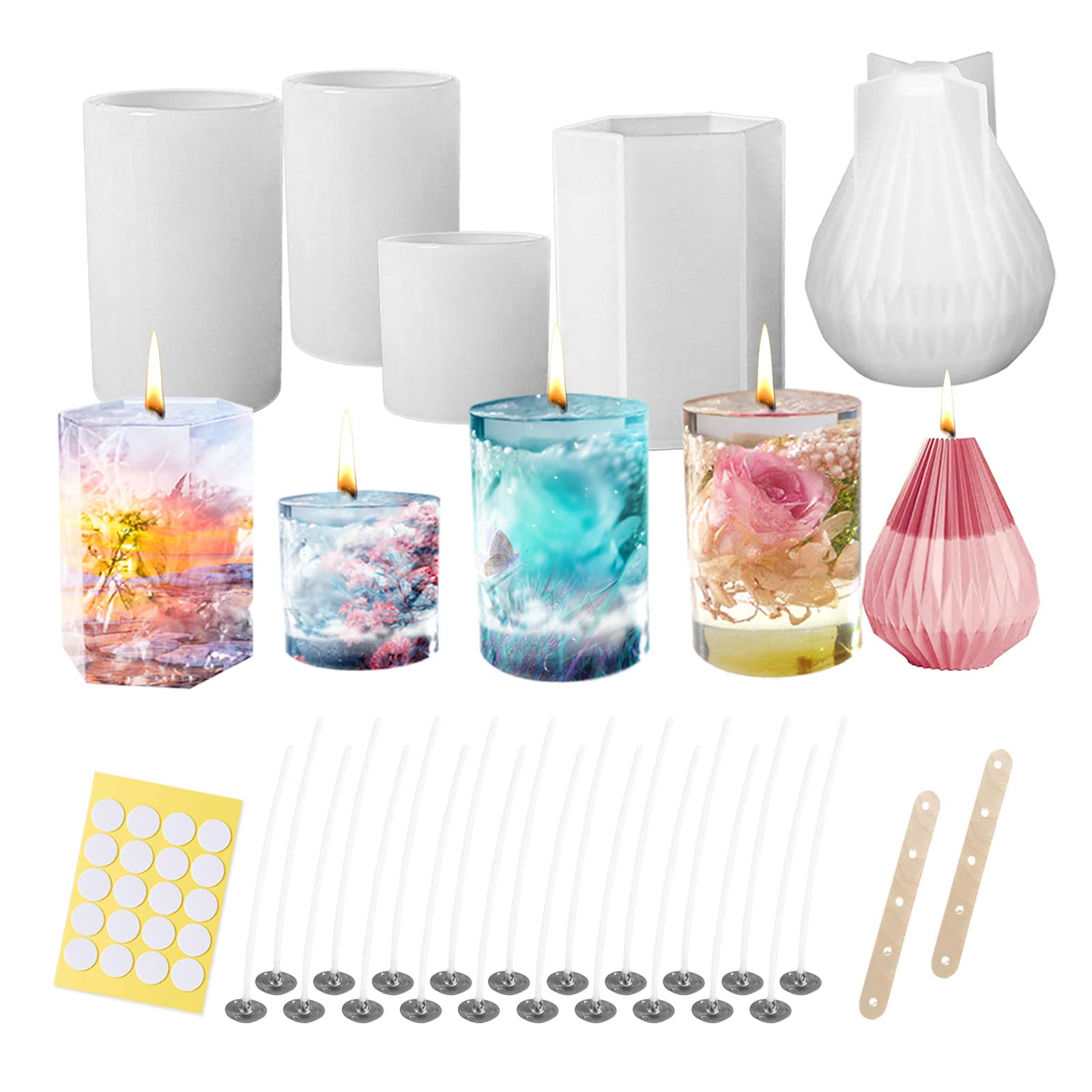 YWNYT 5pcs Candle Molds 3D Epoxy Resin Moulds Hexagon Pillar/Cylinder/Pear Shape DIY Silicone Moulds Candle Making Moulds for Resin Casting Decor, with Candle Wick & Stand