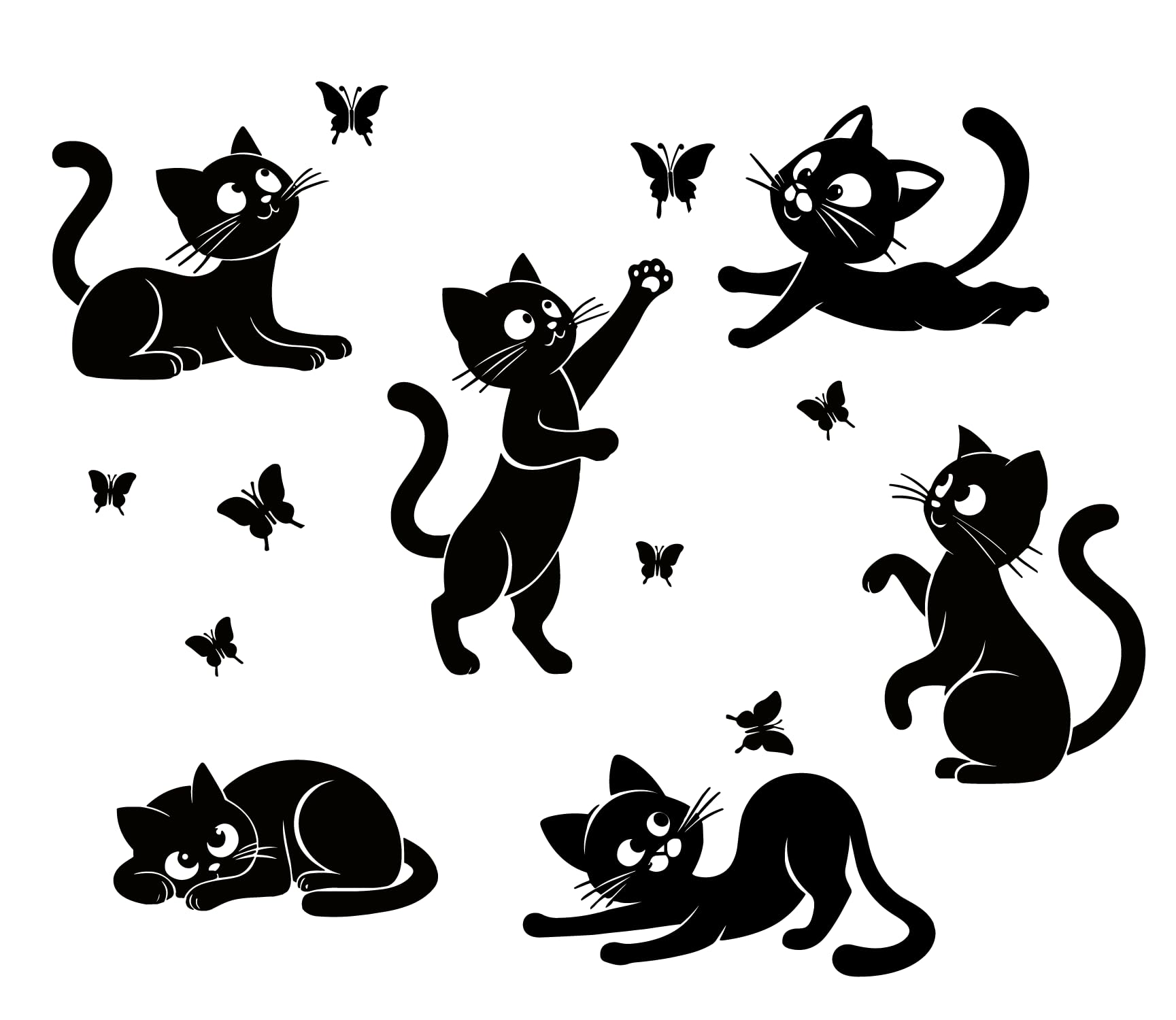 Wall4Stickers Cats Stickers, Kitchen Wall Decal, Jumping Funny Cats Catching Butterflies Black