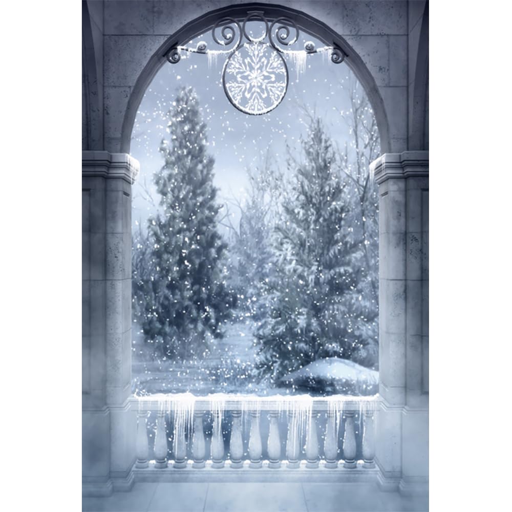 YongFoto 5x7ft Vinyl Christmas Backdrops for Photography Fairytale Arched Door Winter Wonderland Snowflakes Trees Gray Background Backdrops for Party Adult Kids Personal Portrait Photo Studio Props