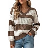 LIGHT DOT V Neck Cable Knit Sweater Women Winter Long Sleeve Stripped Preppy Sweater Oversized Pullover