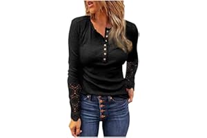 USCHARM Women's Long Sleeve Tops Casual Button Down Slim Fit Henley Shirts Crocket Lace Hollow Out Ribbed Fall Tunic Blouses