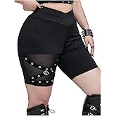 MakeMeChic Women's Plus Size Mesh High Waisted Short Leggings Eyelet Party Skinny Pants
