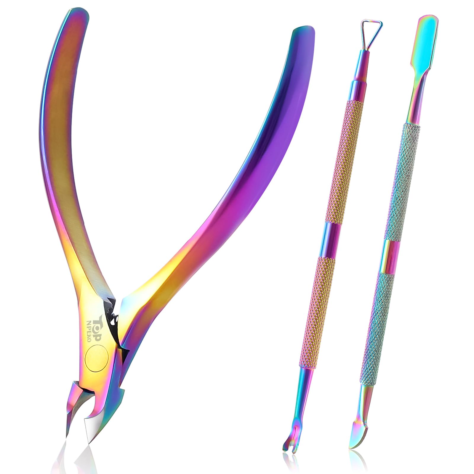 Cuticle Trimmer with Cuticle Pusher/Cuticle Fork/Nails Scraper & File, 3pcs Cuticle Cutter Remover, Upgraded Sharp Edge & Bulit-in Spring Manicure Set for Fingernails & Toenails