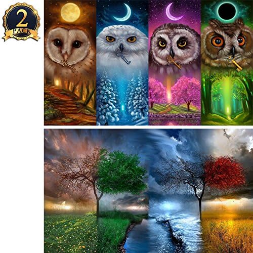 5D Diamond Painting Kit DIY Full Drill for Adults and Kids, Rhinestone Pasted Paint Set for Living Room Decoration 2 Pack by Aosika, Four Seasons Owl (12x16inch) & Four Seasons Tree (12x16inch)