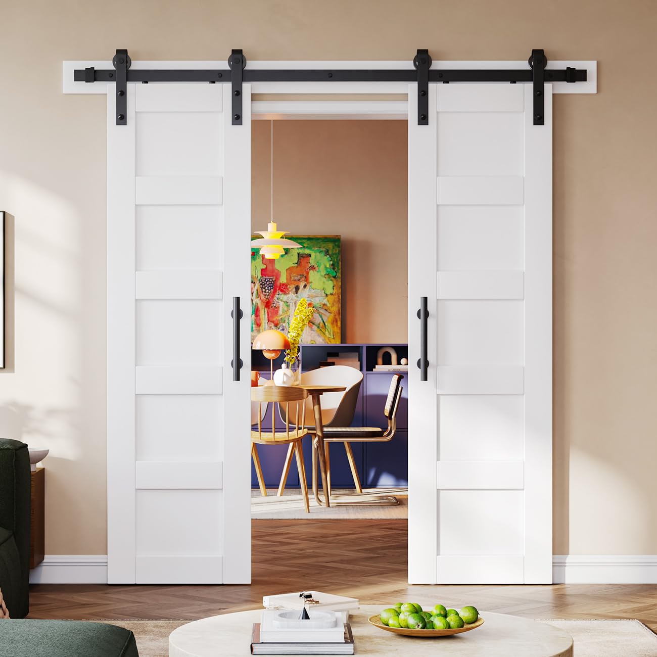 Photo 1 of ****MINOR DAMAGE ON ONE OF THE DOORS, MINOR CHIPPED BOTTOM SIDE****42in x 84in, Double 21in×84in Barn Door with Hardware & Handle Included,Pre-Assembled Doors, 5 Panels,Pine Wood MDF Board & Waterproof White PVC Covered, Door is Assemblede