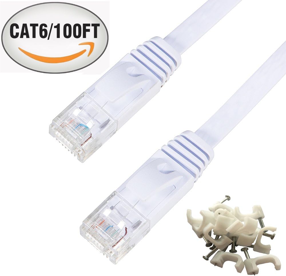 Cat 6 Ethernet Cable 100 ft White –with Cable Clips Flat Internet Network Cable–Cat 6 Computer Rj45 Connectors – 100 feet White