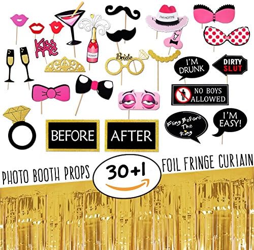 Bachelorette Party Supplies and Decoration Kit-Glitter Photo Booth Props and Gold Foil Fringe Curtain for Bridal Shower Favor,Hen Parties,Girl Night Out Décor,Wedding,Vegas,Engagement
