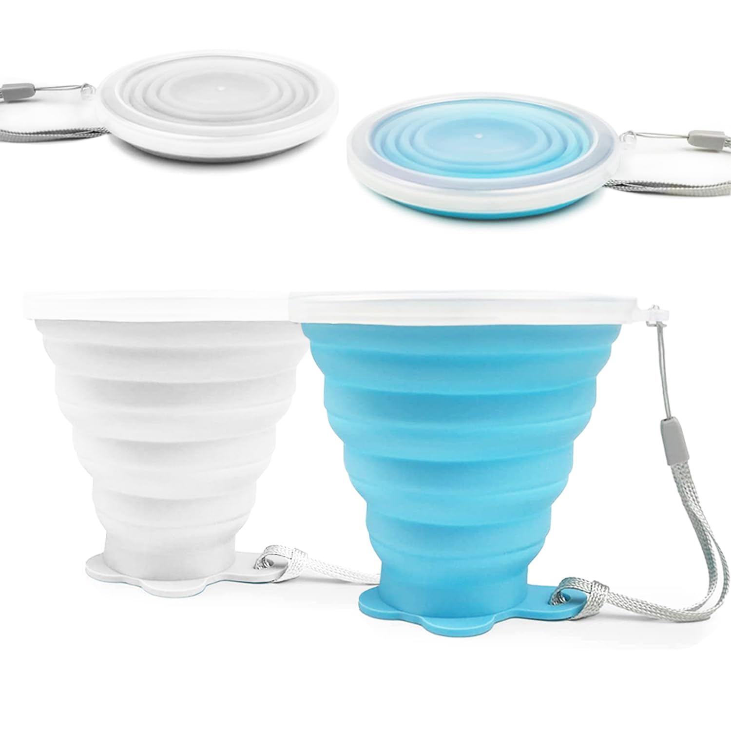FUZVOL Silicone Foldable Mug with Lid for Camping,2 Pack Collapsible Silicon Cup for Travel,BPA Free Portable Drink Mugs Reusable Cups Retractable Mugs for Outdoor Hiking (Blue+White)