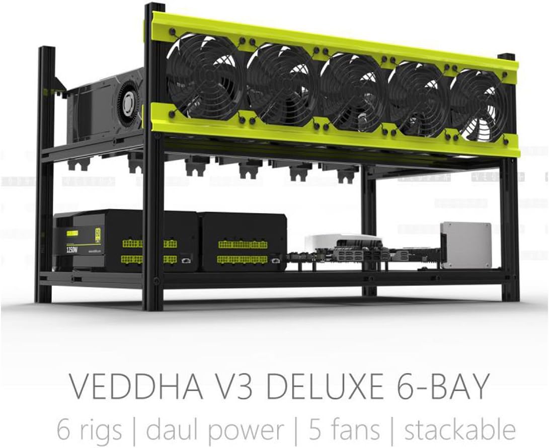 6 GPU Miner Case Aluminum Stackable Mining Rig Case With 5 Fans Open Air Frame Unassembled Miner Kit For ETH/ETC/ZCash Ethereum,Bitcoin,and Altcoins(DELUXE)
