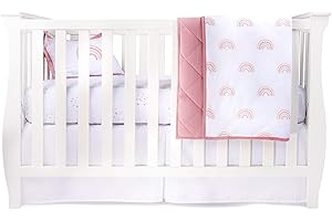 Ely's & Co. Baby Crib Bedding Sets for Girls — 4 Piece Set Includes Crib Sheet, Quilted Blanket, Crib Skirt, and Baby Pillowcase — Pink Rainbow Design
