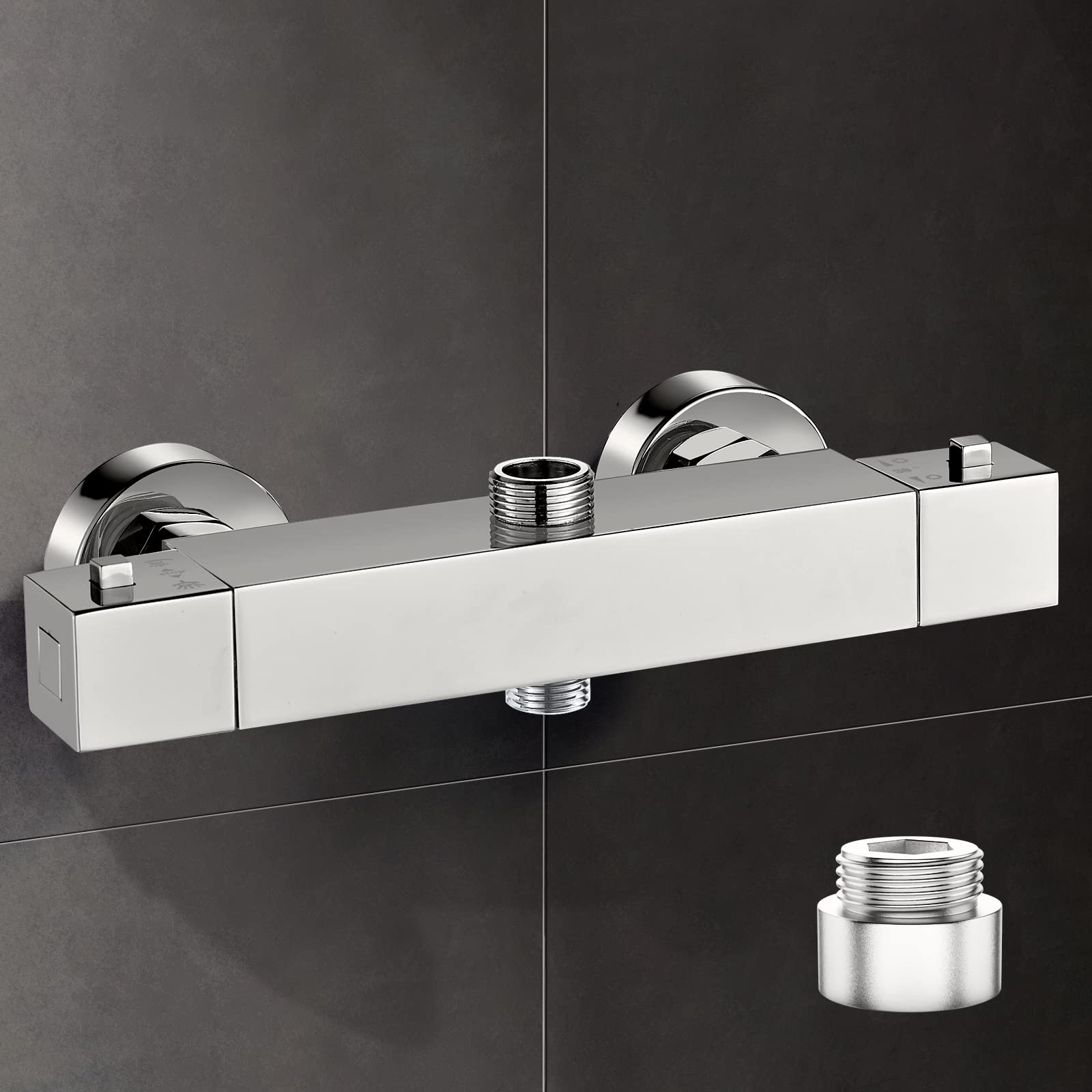 Thermostatic Shower Mixer Bar Two Outlet Square Shower Mixer Tap Wall Mounted Dual Outlet with Top 3/4" Bsp (26.4mm)+Bottom 1/2" Bsp (21mm), Shower Thermostatic Mixer Solid Brass Chrome Modern