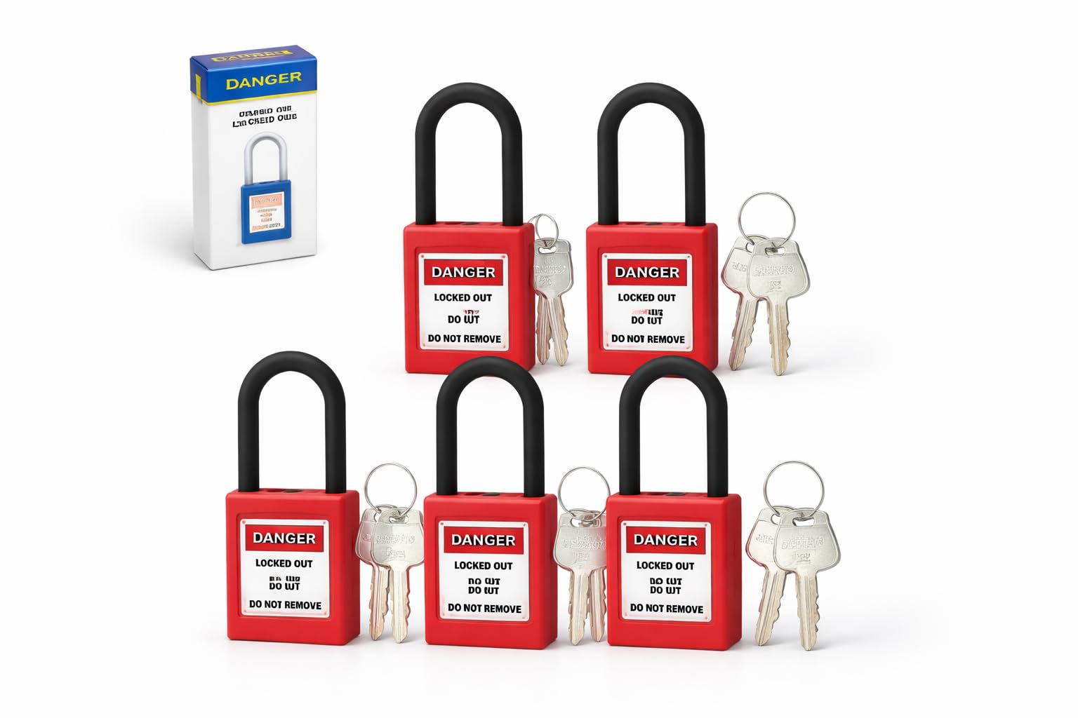 Safety Padlock Kit 5 Sets Nylon Insulated Lockout Locks for Electricians Factories Construction Sites with Warning Labels Red Lockout Tagout Equipment