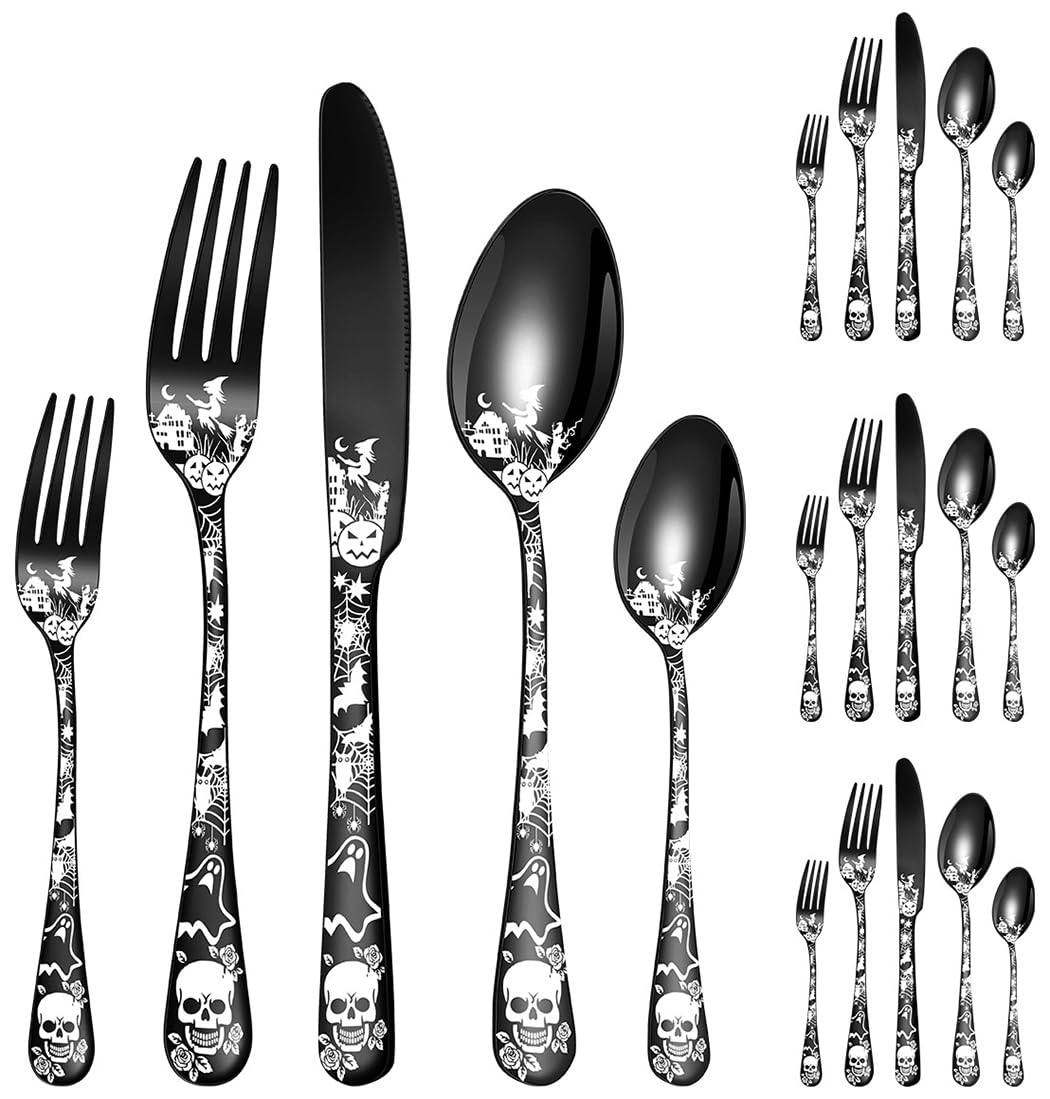 XIAOYU Halloween Themed Skeleton Silverware Set for 4, 20-Piece Stainless Steel Flatware Set, Gothic Skeleton Pattern Decorative Cutlery Set, Halloween Easter and Christmas Tableware, Black