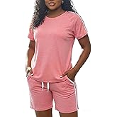 Oppchy Womens Summer 2 Piece Outfits Lounge Short Sleeve Round Neck Tops and Shorts Set