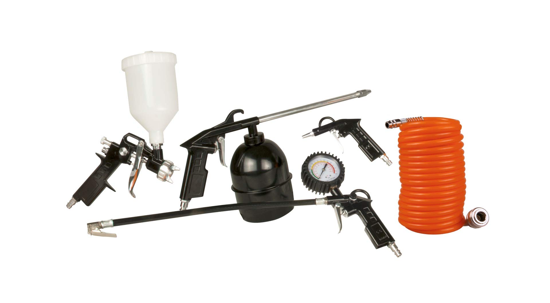 FERM ATM1036 Compressed Air Set - 5-Pieces - with Spray Gun, Tyre inflator with Pressure Gauge, Air Blow Gun, Cleaning Gun, 5m Coiled Hose with couplers