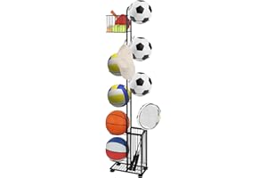 Freestanding Ball Rack Black Basketball Storage Holder, Vertical Garage Sports Equipment Organizer with Metal Hooks