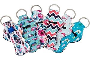 6-Pack Chapstick Holder Keychain, 4YOUALL Neoprene Chapstick Holder Lip Balm Keychain Holder for Lanyard (6 Pack, Stripes Birds Flowers Painting)