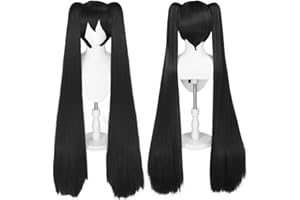 JoneTing Black Wig +(Wig Cap) with Double Ponytails for Women Long Straight Synthetic Hair Wigs for Anime Pigtail Cosplay Wigs for Halloween Peluca Azul Chrismas Party Wig for Cosers Costume