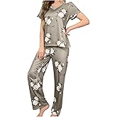 SweatyRocks Women's Floral Print Two Piece Pajama Set Crewneck Short Sleeve Tee and Long Pants Pj Set