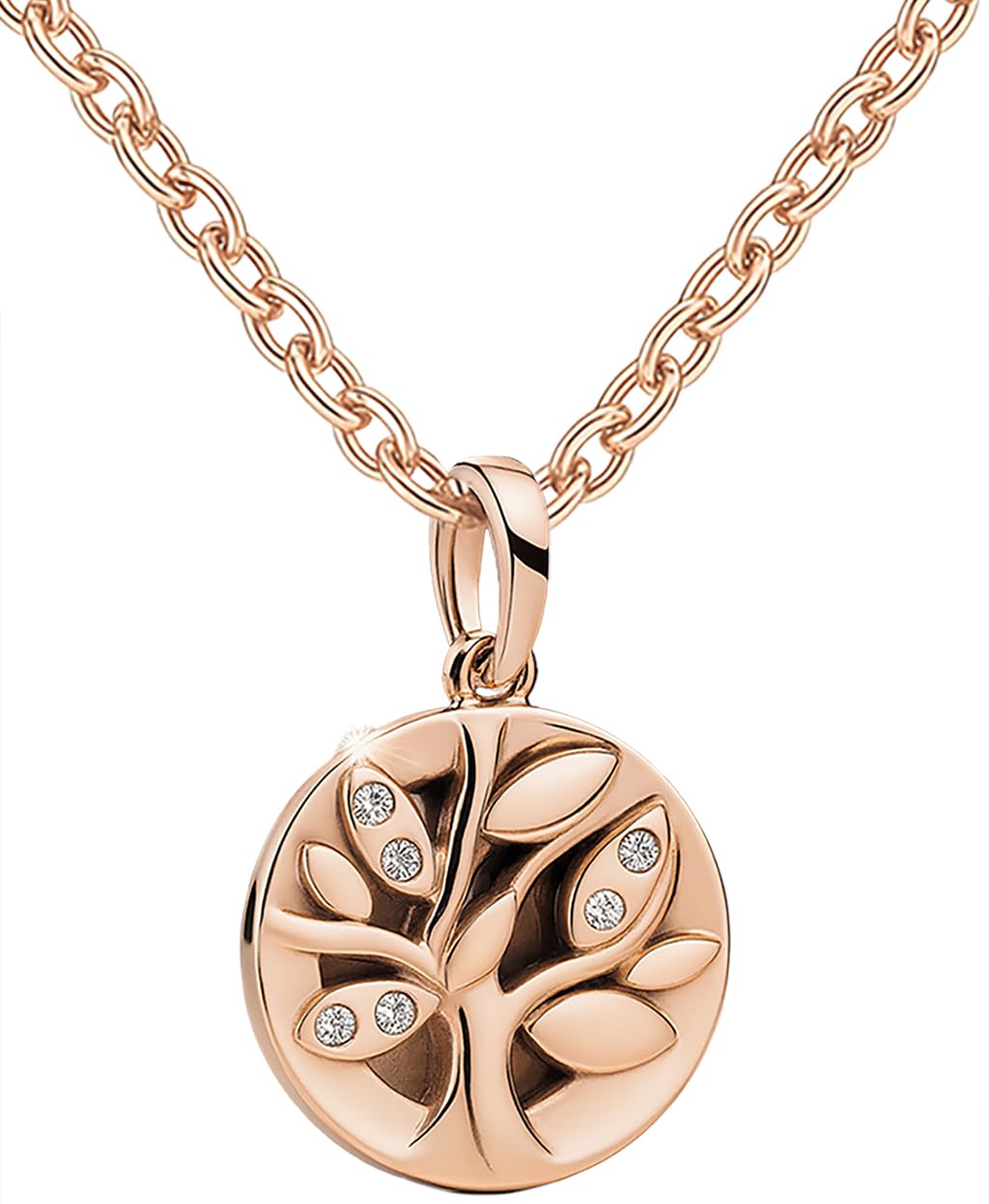 Crystal Family Tree of Life Necklace - Rose Gold Elegantly plated over Sterling Silver. The Pendant is suspended from a 20" Cable Chain Her Girls Women Birthday - Gift Box