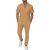 Bealin Mens Summer Beach Outfits 2 Piece Casual Quarter Zip Short Sleeve Vertical Stripe Shirt and Loose Pants Set