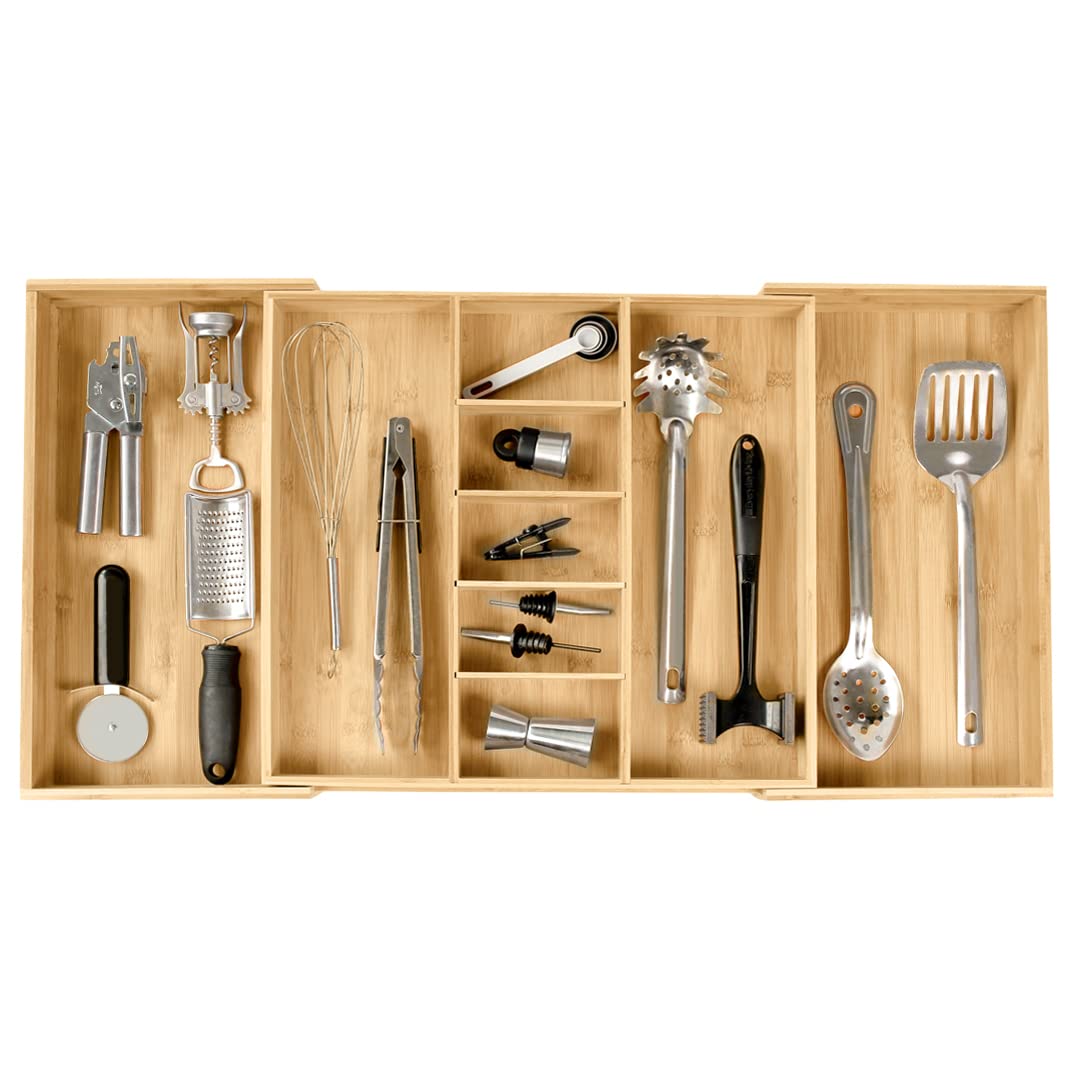 KitchenEdge Adjustable Kitchen Drawer Organiser for Utensils and Junk, Expandable to 33 Inches Wide, 9 Compartments, 100% Bamboo