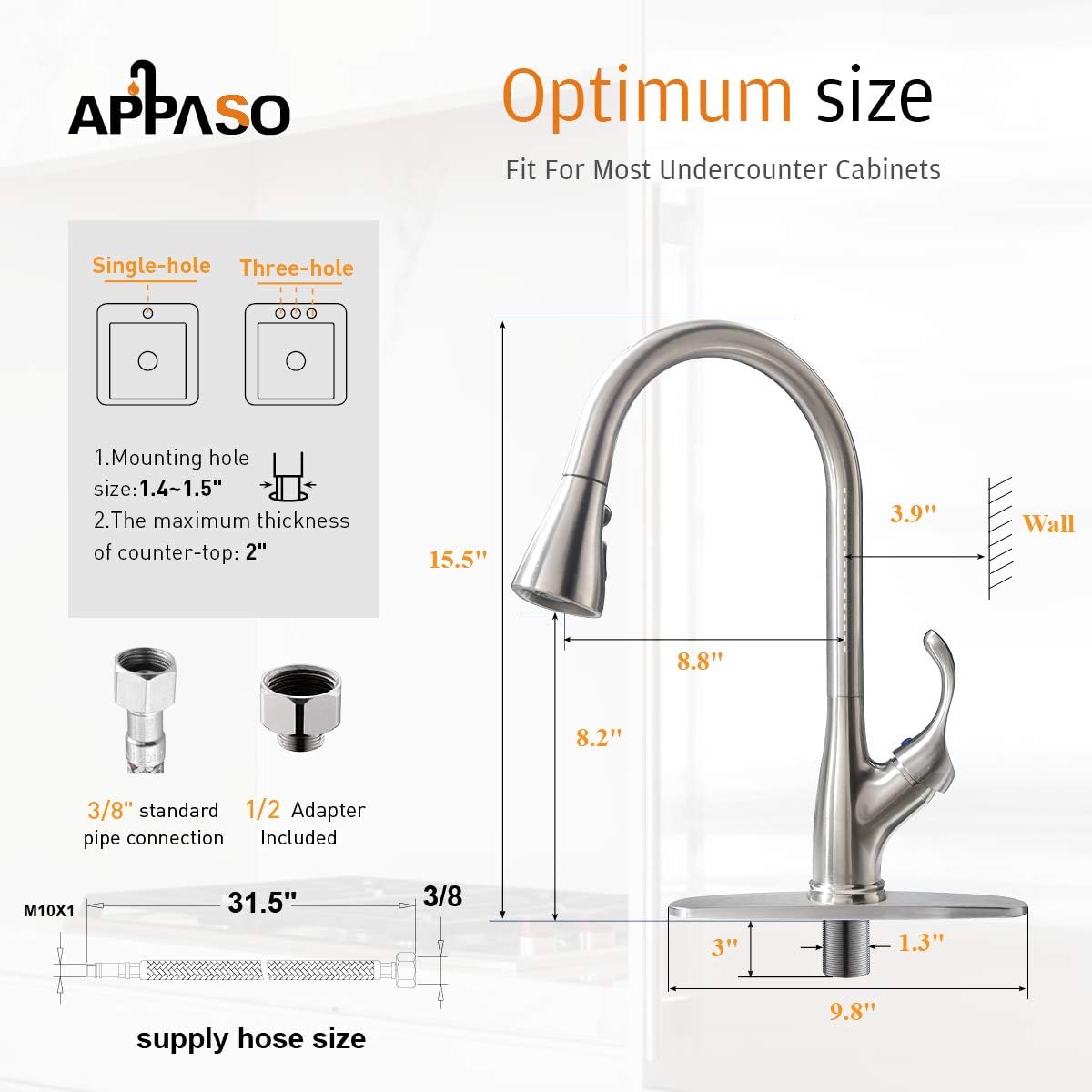 APPASO Pull Down Kitchen Faucet with Sprayer Stainless Steel Brushed Nickel - Single Handle Commercial High Arc Pull Out Spray Head Kitchen Sink Faucets with Deck Plate - - 