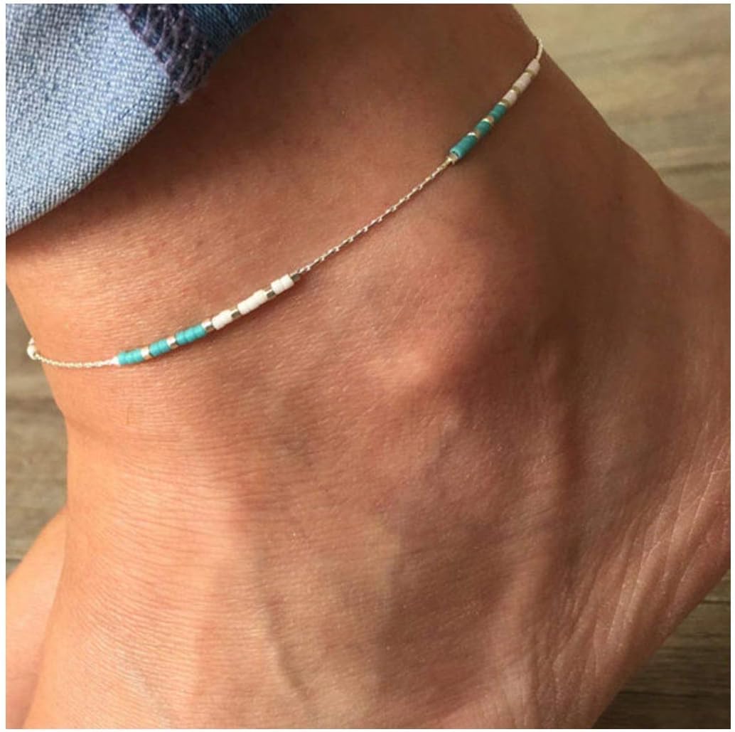 Boho Blue Bead Anklet Bracelet Foot Chain Accessories Jewelry for Women and Girls(Silver)