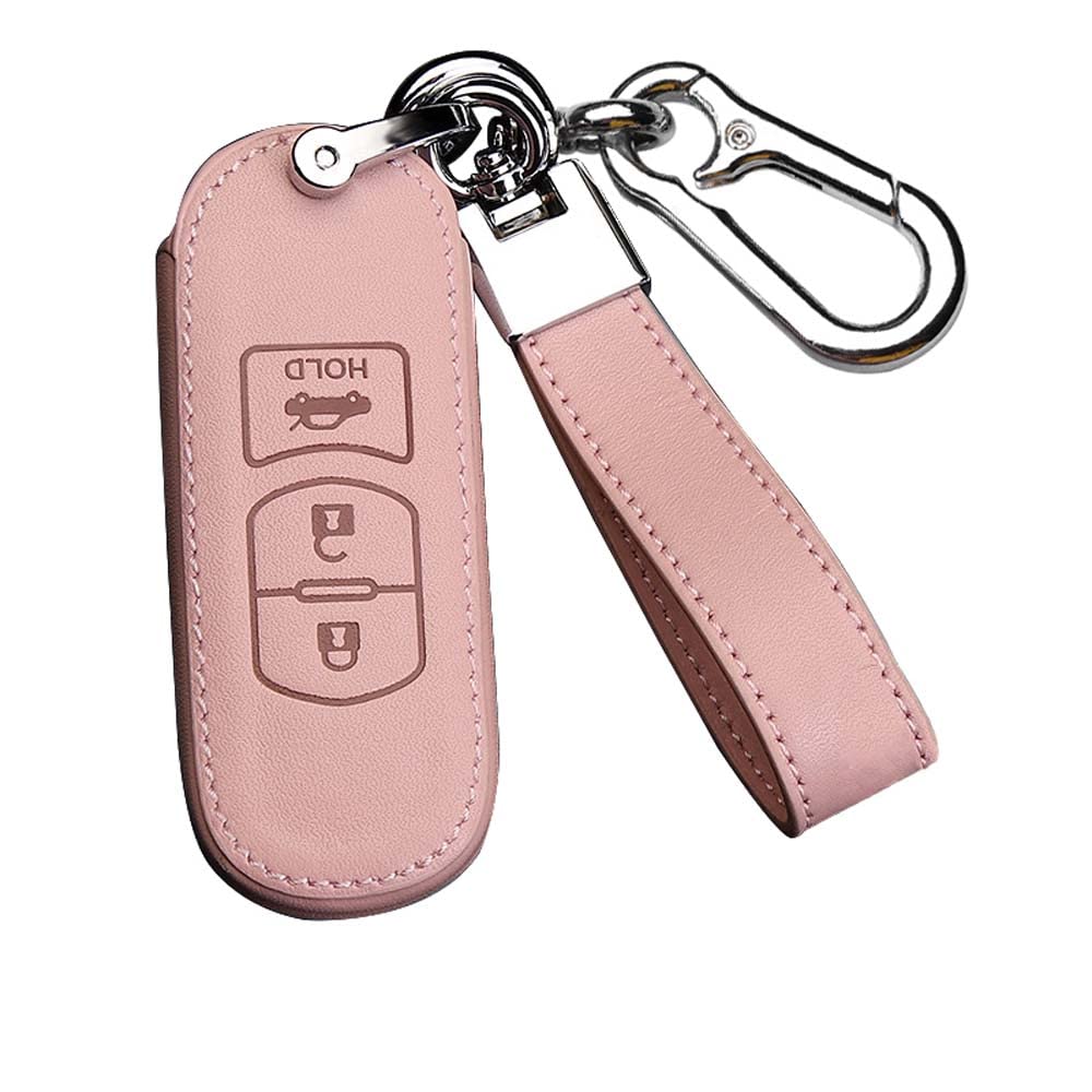 HIBEYO Smart Key Case for Mazda Protective Car Key Cover Cowhide Leather for Mazda 2 3 5 6 BT50 CX-5 CX-7 CX-9 RX8 Flip Key Cover Case Key Chain B 3 Buttons Pink