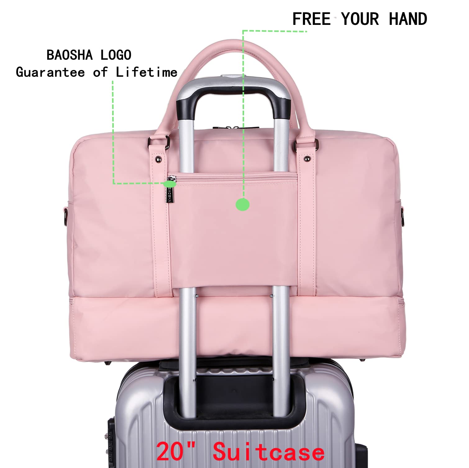 Baosha Women Travel Duffel Bag Weekender Overnight Bag Sports Tote Gym Bag With Shoe Pouch Free Toiletry bag HB-38 (Pink)