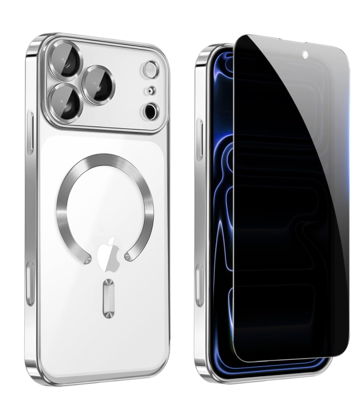 Privacy Case for iPhone 17 Pro Max,Magnetic iPhone 17 ProMax Phone Case Clear with Privacy Screen Protector & Camera Protector [Compatible with MagSafe],Shockproof Cover for iPhone 17 Max Cases-Silver