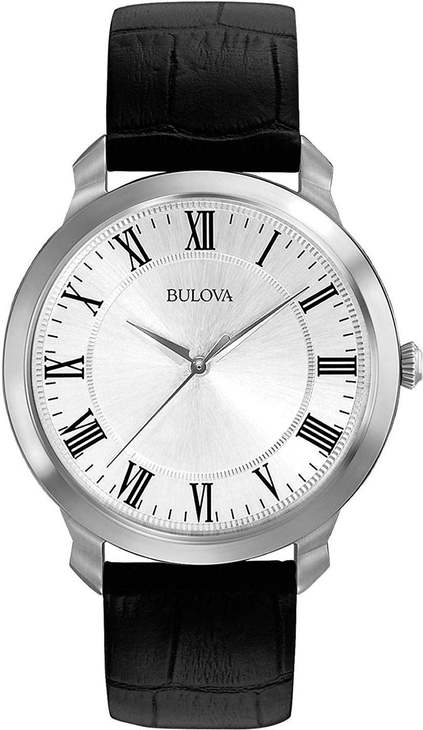 Bulova Reloj clásico para hombre con correa de cuero negro, cuarzo, 3 manecillas, marcadores de números romanos, 41 mm