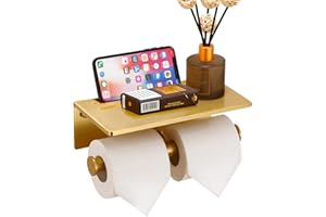 HOMELY TROVE Double Toilet Paper Holder with Shelf, Commercial Toilet Paper Roll Dispenser Wall Mount with Cell Phone Storage Rack, Aluminium Fits Mega Roll Dual Toilet Paper Tissue Holder Brushed Gold
